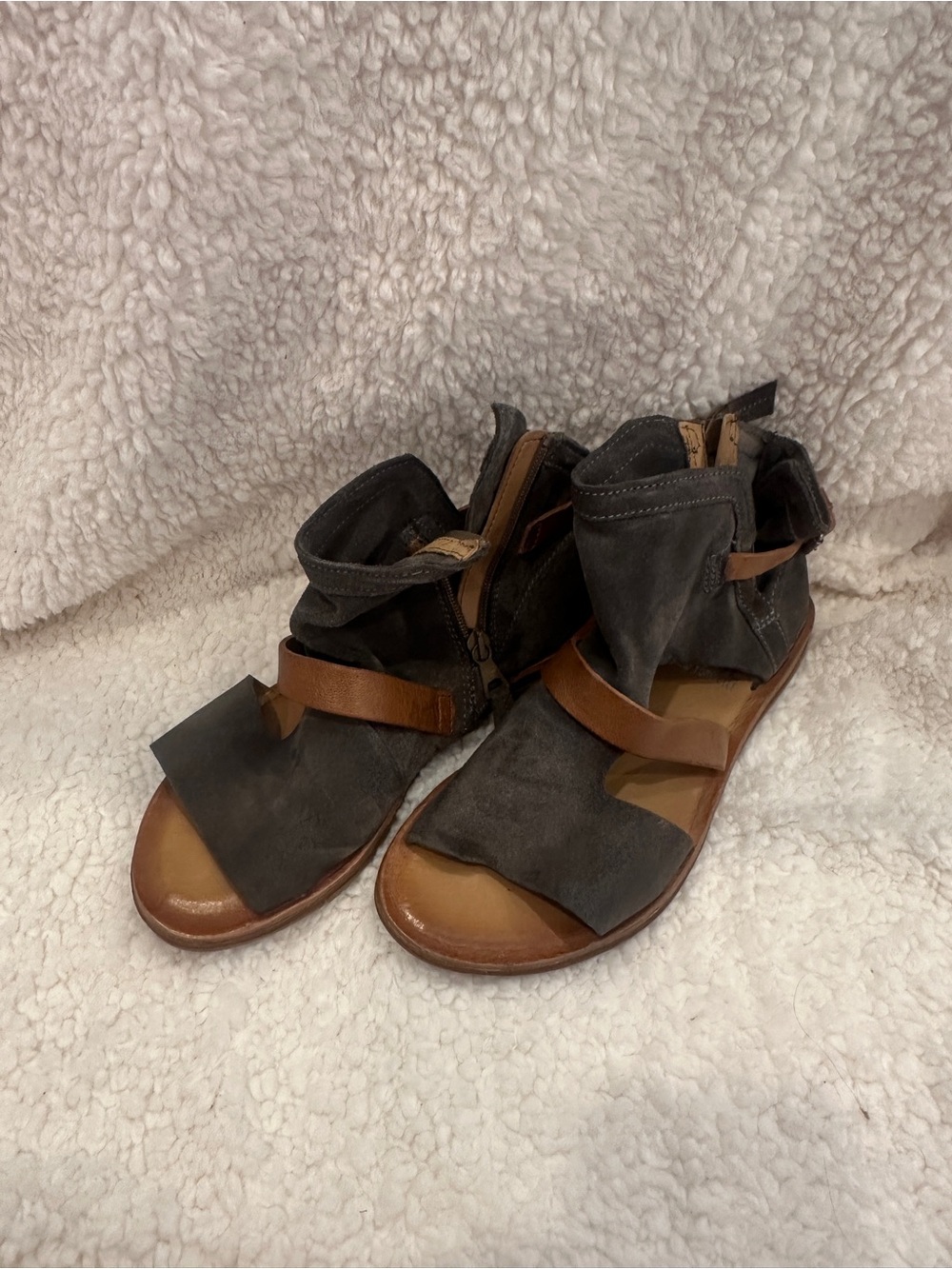 Miz Mooz Women's Gray Suede Open-Toe Sandals with Brown Straps